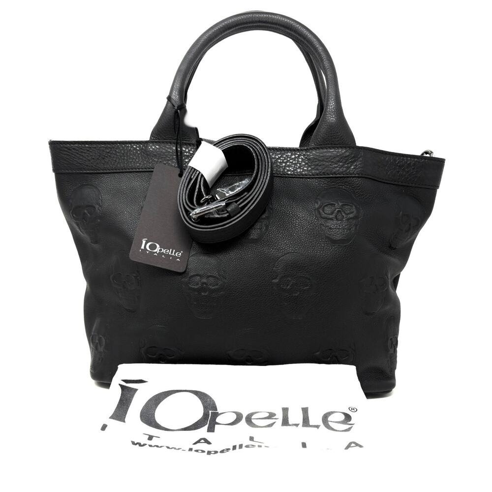 IO PELLE Skull Embossed Blck Leather Handbag Tote Bag Purse Crossbody *Smaller”